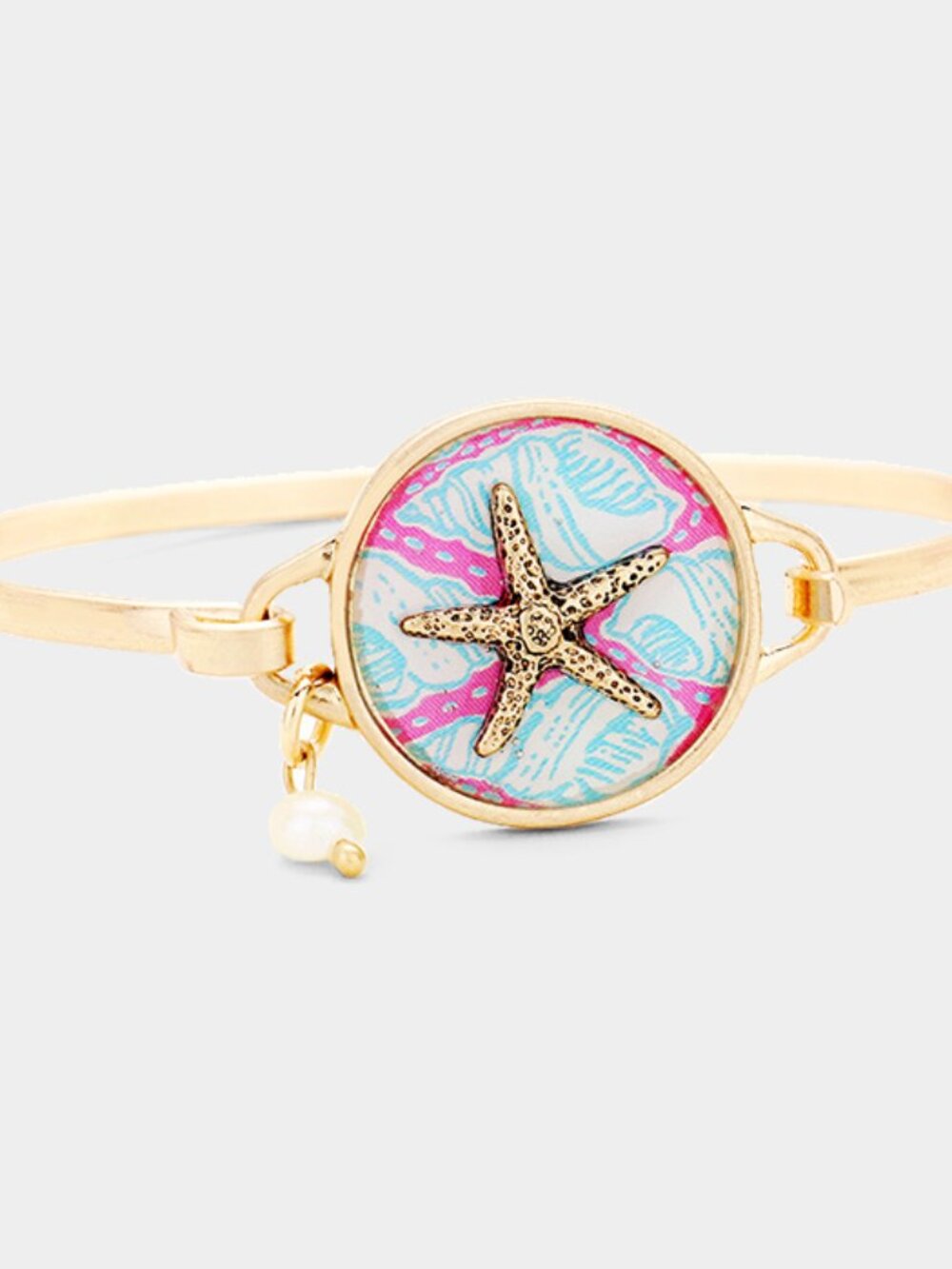 Patterned Starfish Pearl Charm Hook Bangle Bracelet - Beach Jewelry, Style B